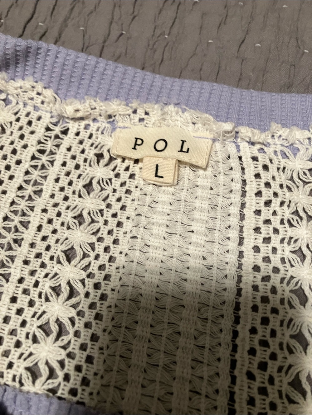 POL Lavender and Cream Crochet & Ribbed Top. Size L. Cap Sleeves. OVERSIZED. - Picture 2 of 11